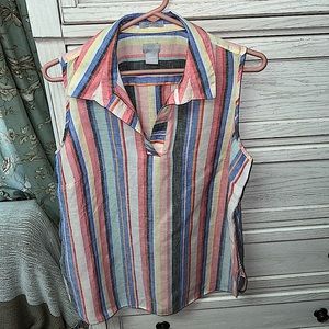 Chico’s size 1 sleeveless linen tunic, striped, split v neck, curved hem